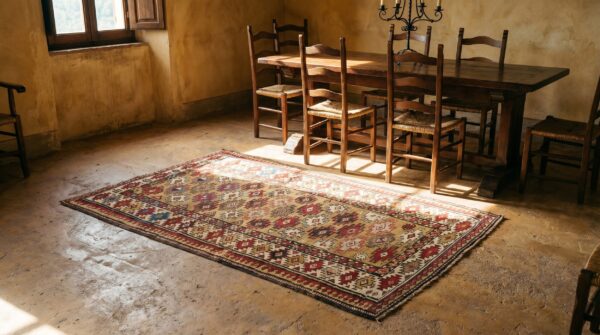 Small scatter size light yellow color antique tribal caucasian chi chi rug 7 Small scatter size light yellow color antique tribal caucasian chi chi rug (sku 18647) - room view