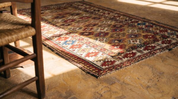 Small scatter size light yellow color antique tribal caucasian chi chi rug 8 Small scatter size light yellow color antique tribal caucasian chi chi rug (sku 18647) - in-room detail