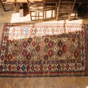 Small Scatter Size Light Yellow Color Antique Tribal Caucasian Chi Chi Rug (SKU 18647) - styled overhead view