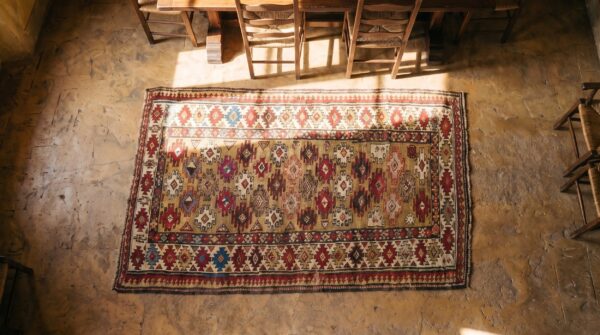 Small scatter size light yellow color antique tribal caucasian chi chi rug 2 Small scatter size light yellow color antique tribal caucasian chi chi rug (sku 18647) - styled overhead view