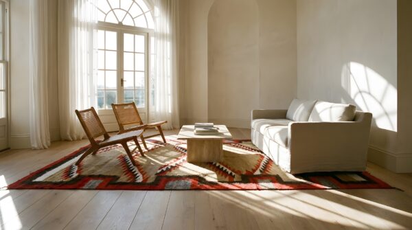 Small scatter size antique wool native american navajo flatweave rug 9 Small scatter size antique wool native american navajo flatweave rug (sku 24978) - room view