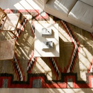 Small Scatter Size Antique Wool Native American Navajo Flatweave Rug (SKU 24978) - styled overhead view