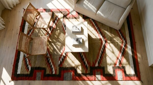 Small scatter size antique wool native american navajo flatweave rug 2 Small scatter size antique wool native american navajo flatweave rug (sku 24978) - styled overhead view