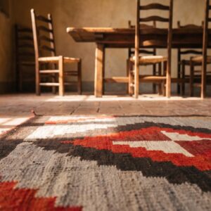 Antique Small Scatter Size Native American Tribal Flatwoven Navajo Rug (SKU 21412) - in-room detail