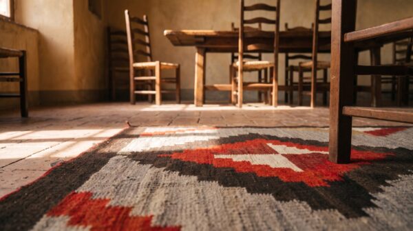 Antique small scatter size native american tribal flatwoven navajo rug 8 Antique small scatter size native american tribal flatwoven navajo rug (sku 21412) - in-room detail