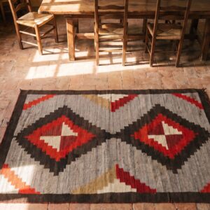 Antique Small Scatter Size Native American Tribal Flatwoven Navajo Rug (SKU 21412) - styled overhead view