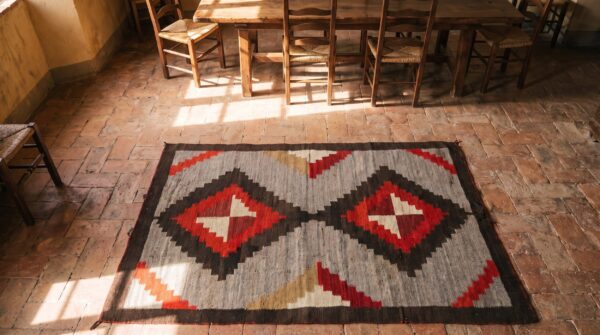 Antique small scatter size native american tribal flatwoven navajo rug 2 Antique small scatter size native american tribal flatwoven navajo rug (sku 21412) - styled overhead view
