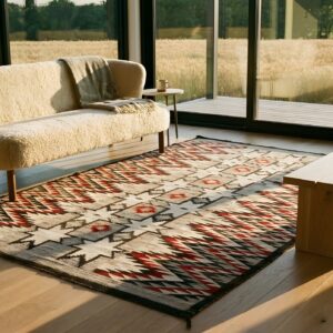 Wool Small Scatter Size Rectangle American Navajo Gray Flat Weave Antique 1920s Rug (SKU 21700) - room view