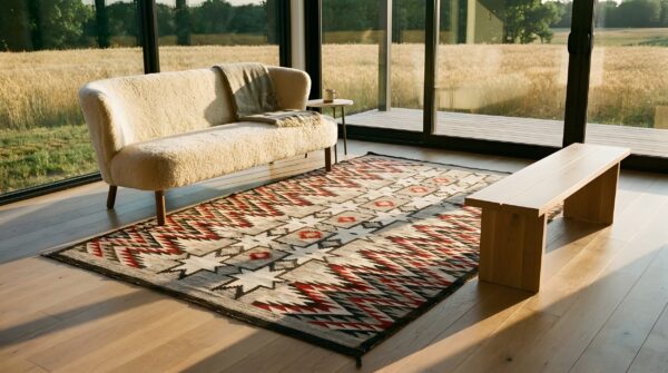 Wool small scatter size rectangle american navajo gray flat weave antique 1920s rug 11 Wool small scatter size rectangle american navajo gray flat weave antique 1920s rug (sku 21700) - room view