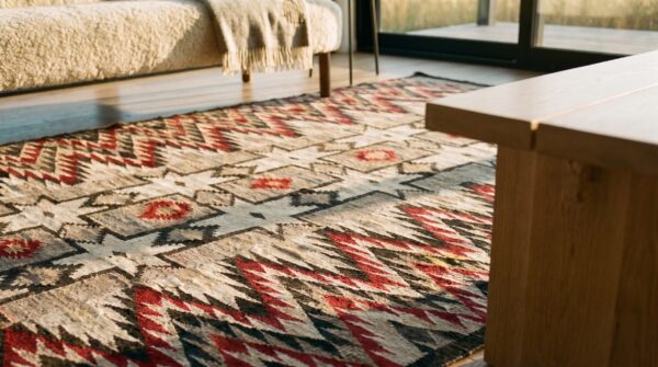 Wool small scatter size rectangle american navajo gray flat weave antique 1920s rug 12 Wool small scatter size rectangle american navajo gray flat weave antique 1920s rug (sku 21700) - in-room detail