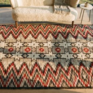 Wool Small Scatter Size Rectangle American Navajo Gray Flat Weave Antique 1920s Rug (SKU 21700) - styled overhead view