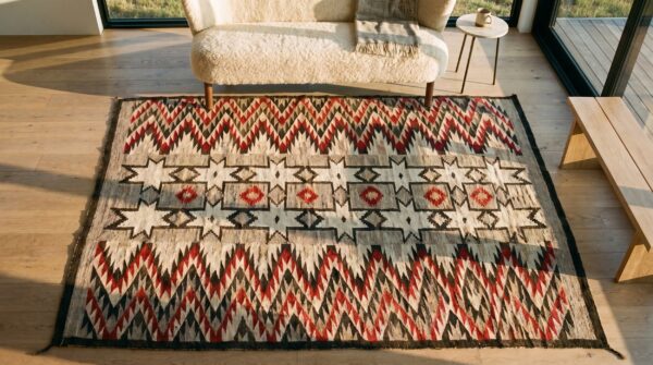Wool small scatter size rectangle american navajo gray flat weave antique 1920s rug 2 Wool small scatter size rectangle american navajo gray flat weave antique 1920s rug (sku 21700) - styled overhead view