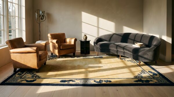Small scatter size rectangle wool chinese antique - peking 1900s ivory knotted rug (sku 24770) - room view