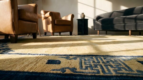 Small scatter size rectangle wool chinese antique - peking 1900s ivory knotted rug (sku 24770) - in-room detail