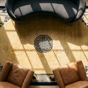 Small Scatter Size Rectangle Wool Chinese Antique - Peking 1900s Ivory Knotted Rug (SKU 24770) - styled overhead view