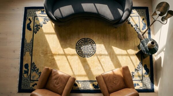Small scatter size rectangle wool chinese antique - peking 1900s ivory knotted rug (sku 24770) - styled overhead view