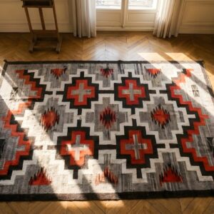 Small Scatter Size Rectangle Gray 1920s Wool Navajo American Antique Flat Weave Rug (SKU 25457) - styled overhead view