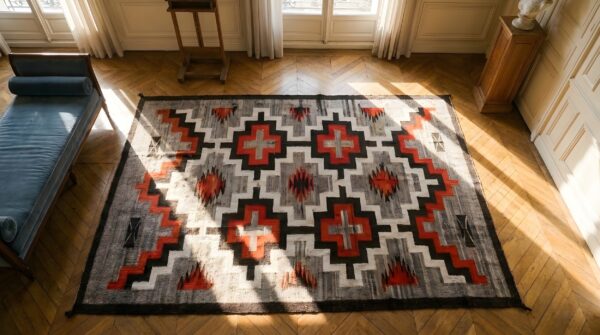 Small scatter size rectangle gray 1920s wool navajo american antique flat weave rug 2 Small scatter size rectangle gray 1920s wool navajo american antique flat weave rug (sku 25457) - styled overhead view