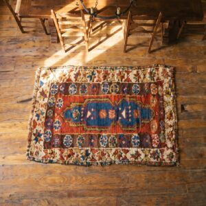 Small Scatter Size Antique Red Tribal Wool Pile Turkish Yastik Throw Rug (SKU 20155) - styled overhead view