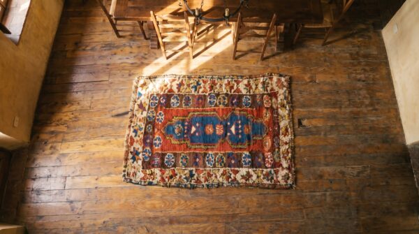 Small scatter size antique red tribal wool pile turkish yastik throw rug 2 Small scatter size antique red tribal wool pile turkish yastik throw rug (sku 20155) - styled overhead view
