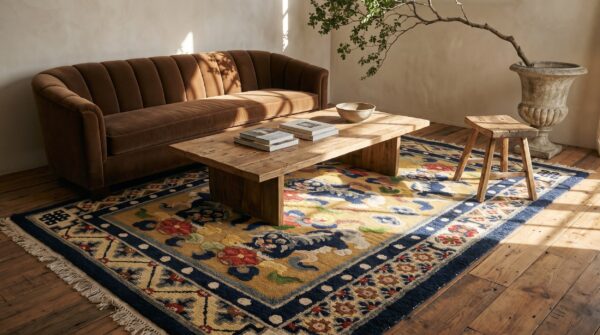 Antique small scatter size silk & metallic thread chinese foo dog design rug 7 Antique small scatter size silk & metallic thread chinese foo dog design rug (sku 24702) - room view