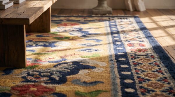 Antique small scatter size silk & metallic thread chinese foo dog design rug 8 Antique small scatter size silk & metallic thread chinese foo dog design rug (sku 24702) - in-room detail
