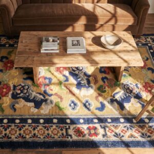 Antique Small Scatter Size Silk & Metallic Thread Chinese Foo Dog Design Rug (SKU 24702) - styled overhead view