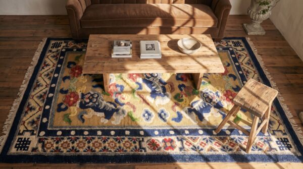 Antique small scatter size silk & metallic thread chinese foo dog design rug 2 Antique small scatter size silk & metallic thread chinese foo dog design rug (sku 24702) - styled overhead view