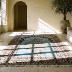 Antique Small Scatter Size Sky Blue Fine Persian Silk Heriz Muslim Prayer Rug (SKU 20324) - room view