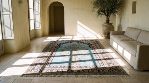 Antique small scatter size sky blue fine persian silk heriz muslim prayer rug (sku 20324) - room view