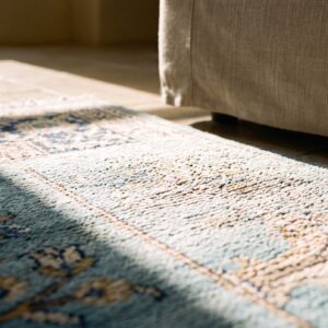 Antique Small Scatter Size Sky Blue Fine Persian Silk Heriz Muslim Prayer Rug (SKU 20324) - in-room detail