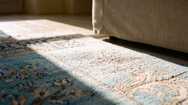 Antique small scatter size sky blue fine persian silk heriz muslim prayer rug (sku 20324) - in-room detail