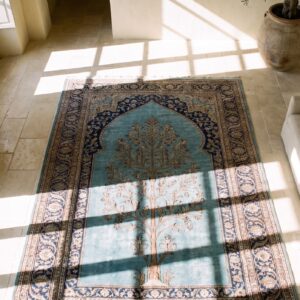 Antique Small Scatter Size Sky Blue Fine Persian Silk Heriz Muslim Prayer Rug (SKU 20324) - styled overhead view