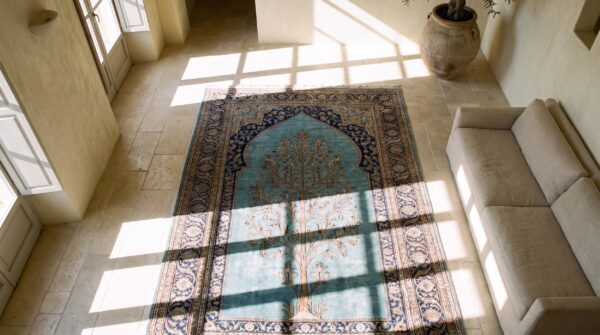 Antique small scatter size sky blue fine persian silk heriz muslim prayer rug (sku 20324) - styled overhead view