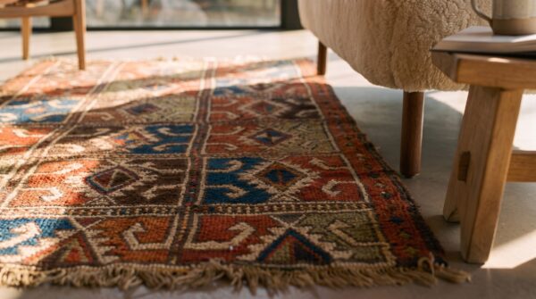 Small scatter size antique tribal geometric mid 19th century turkish yastik rug 10 Small scatter size antique tribal geometric mid 19th century turkish yastik rug (sku 21634) - in-room detail