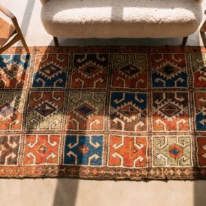 Small Scatter Size Antique Tribal Geometric Mid 19th Century Turkish Yastik Rug (SKU 21634) - styled overhead view
