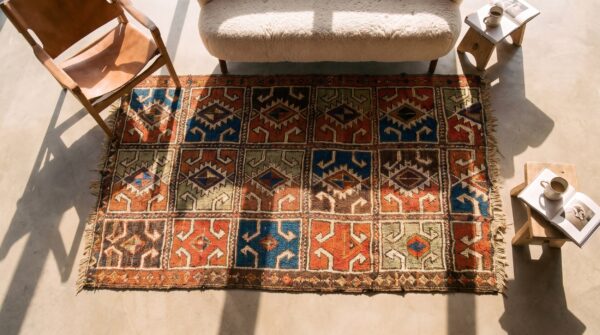 Small scatter size antique tribal geometric mid 19th century turkish yastik rug 2 Small scatter size antique tribal geometric mid 19th century turkish yastik rug (sku 21634) - styled overhead view