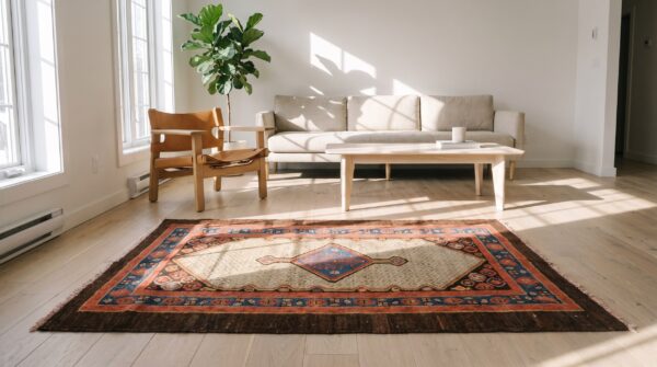 Small scatter size antique tribal geometric persian bakshaish throw rug 3 Small scatter size antique tribal geometric persian bakshaish throw rug (sku 21396) - room view