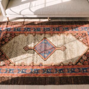 Small Scatter Size Antique Tribal Geometric Persian Bakshaish Throw Rug (SKU 21396) - styled overhead view