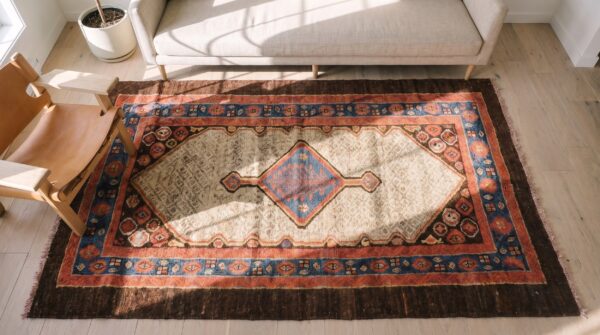 Small scatter size antique tribal geometric persian bakshaish throw rug 2 Small scatter size antique tribal geometric persian bakshaish throw rug (sku 21396) - styled overhead view
