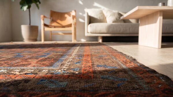 Small scatter size antique tribal geometric persian baluch persian rug 8 Small scatter size antique tribal geometric persian baluch persian rug (sku 19580) - in-room detail