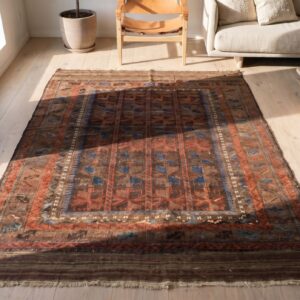 Small Scatter Size Antique Tribal Geometric Persian Baluch Persian Rug (SKU 19580) - styled overhead view