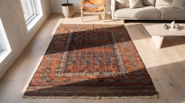 Small scatter size antique tribal geometric persian baluch persian rug 2 Small scatter size antique tribal geometric persian baluch persian rug (sku 19580) - styled overhead view