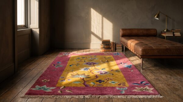 Small scatter size yellow antique chinese deco throw rug 7 Small scatter size yellow antique chinese deco throw rug (sku 20796) - room view