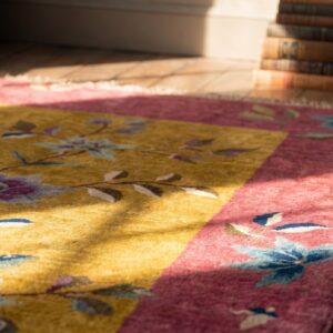 Small Scatter Size Yellow Antique Chinese Deco Throw Rug (SKU 20796) - in-room detail