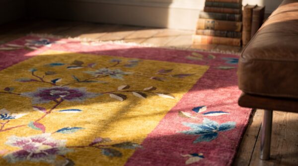 Small scatter size yellow antique chinese deco throw rug 8 Small scatter size yellow antique chinese deco throw rug (sku 20796) - in-room detail