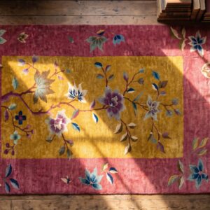 Small Scatter Size Yellow Antique Chinese Deco Throw Rug (SKU 20796) - styled overhead view