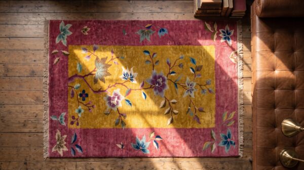 Small scatter size yellow antique chinese deco throw rug 2 Small scatter size yellow antique chinese deco throw rug (sku 20796) - styled overhead view
