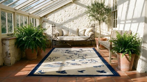 Small scenic antique ivory chinese bat cloud band bird of paradise design peking rug 8 Small scenic antique ivory chinese bat cloud band bird of paradise design peking rug (sku 23733) - room view