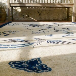 Small Scenic Antique Ivory Chinese Bat Cloud Band Bird Of Paradise Design Peking Rug (SKU 23733) - in-room detail